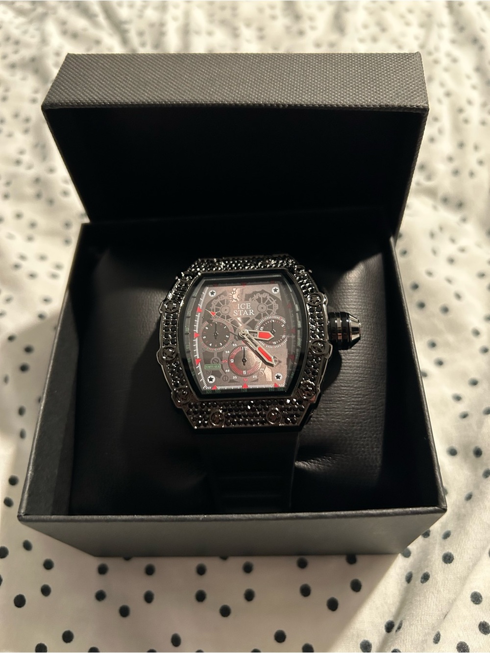 Men's Black Chronograph Ice Star Watch with Red Accents
